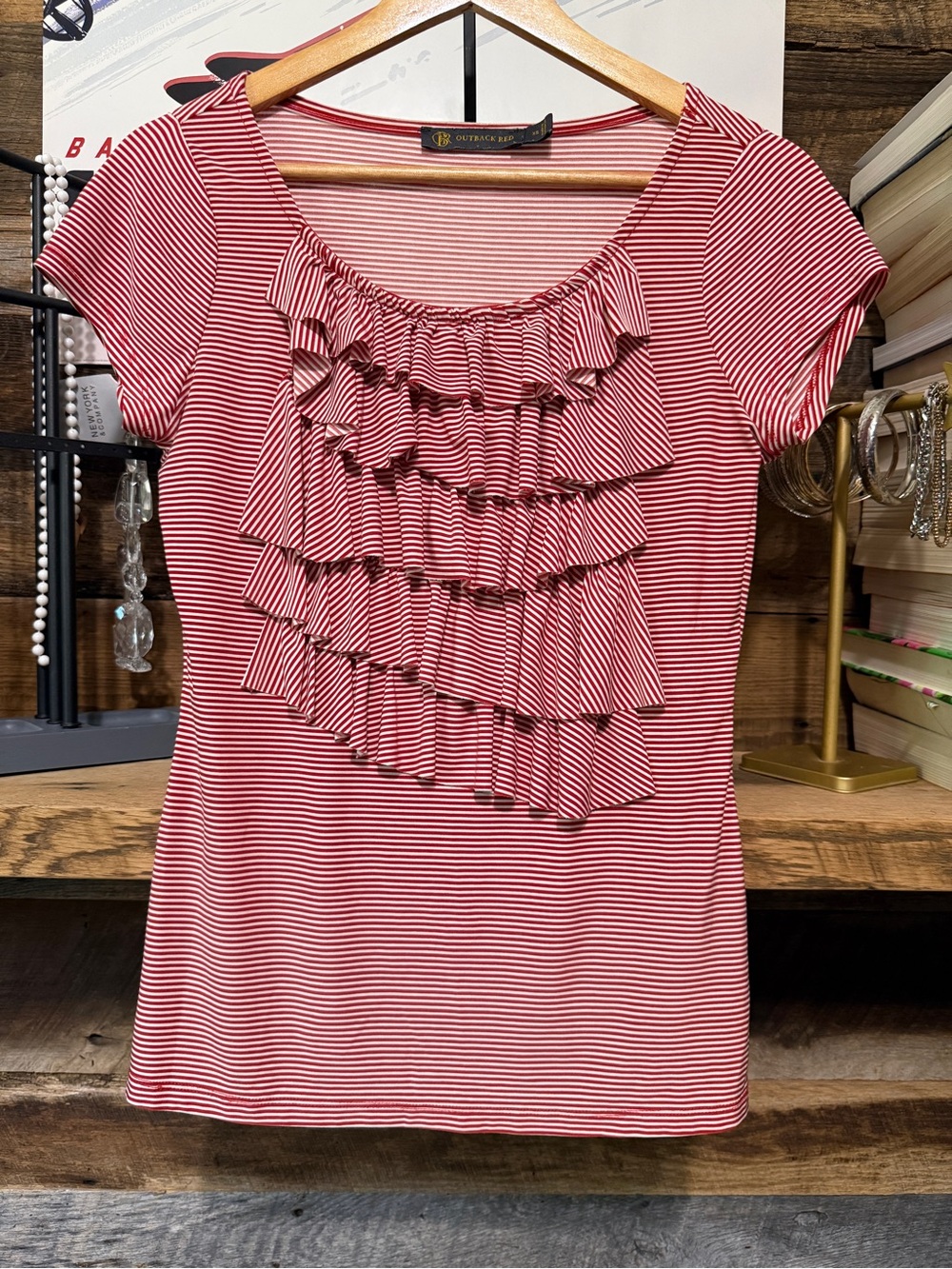 Outback Red Red & White Striped Ruffle Front Short Sleeve Top